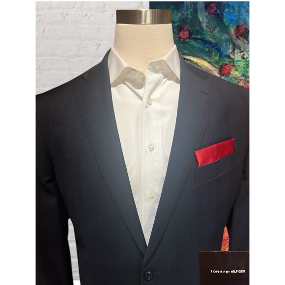 Tommy Hilfiger Mens 46L 38x33 Navy Royal Cobalt Blue Plaid Suit - Picture 3 of 16